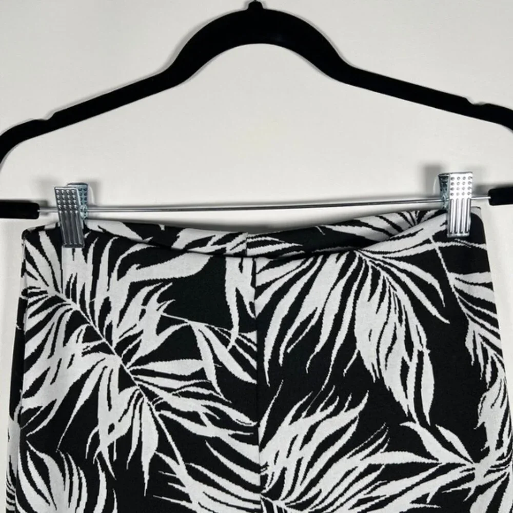 NWT ZARA Black/White Leaf Flare‎ Jacquard Pants High Waist Elastic Waist Sz L